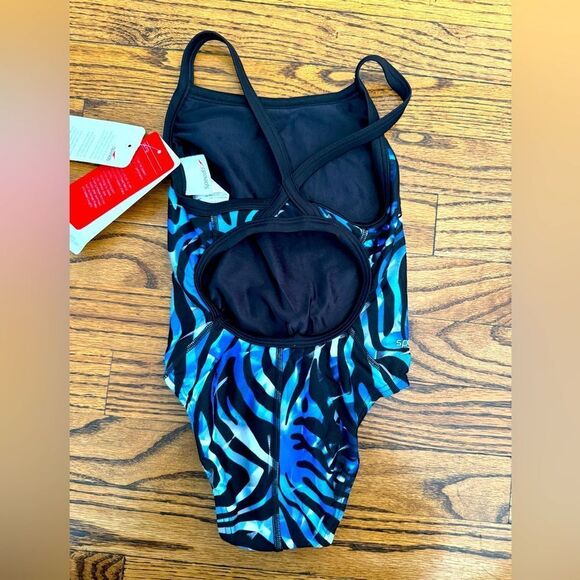 NWT New SPEEDO Endurance+ Flyback Racing Swimsuit Black Blue Sz 22 Girls 4 5 6 - Picture 2 of 4